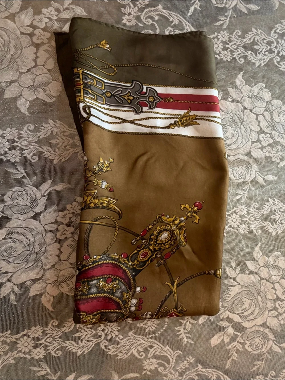 Vintage Olive Crown & Swords Decorative Silk Scarf